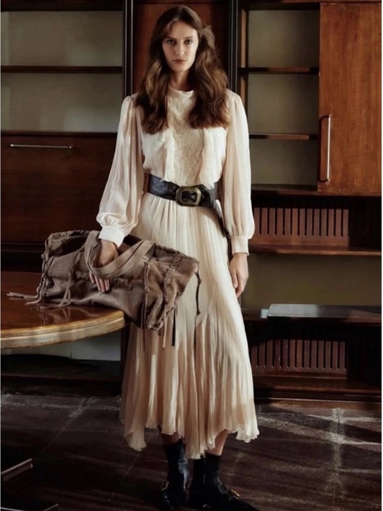 Zara Dresses & Skirts - ZARA Cream Pleated Ruffled Boho Maxi Dress with Long Puff Sleeves